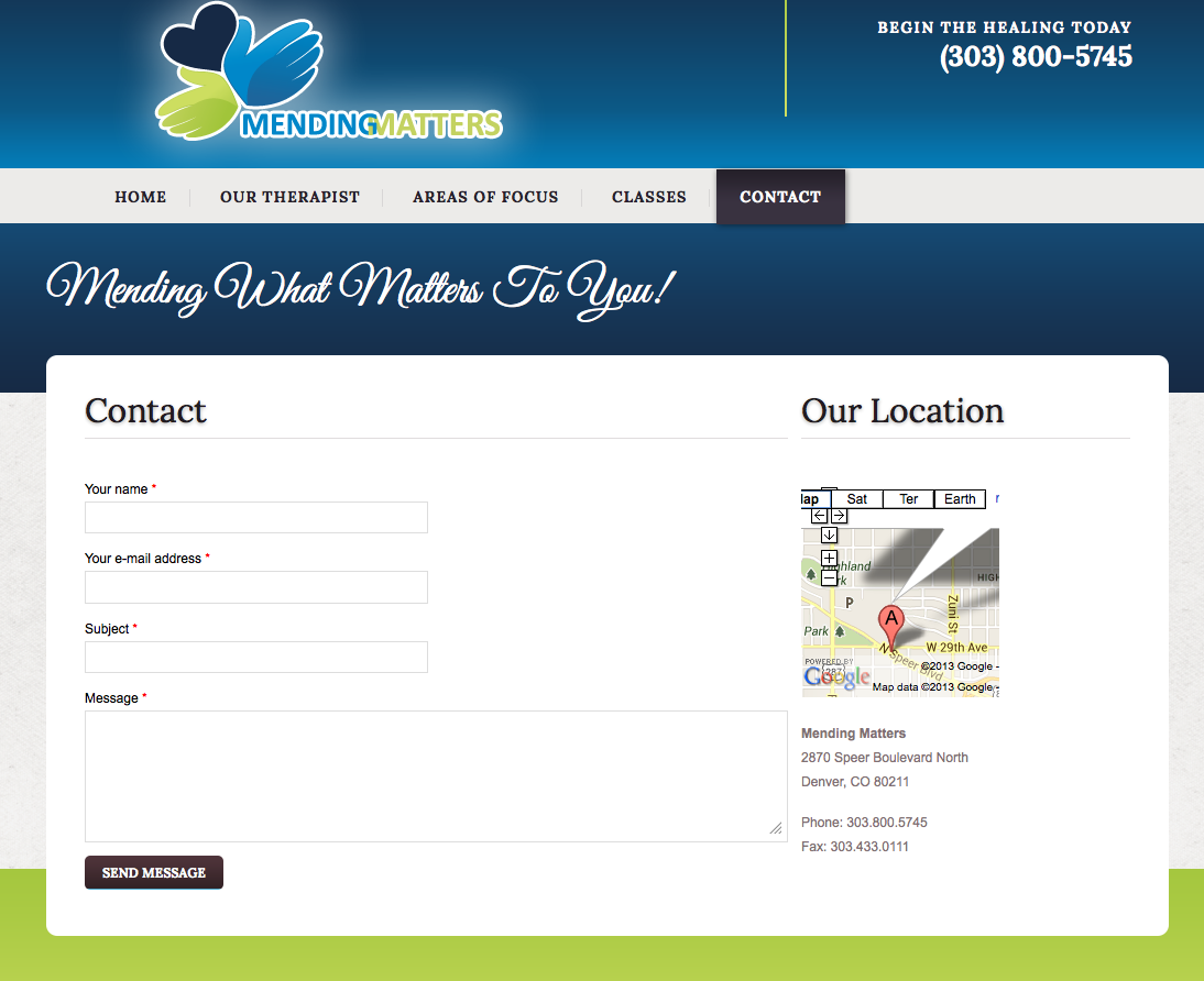 Mending Matters Contact Form with Custom Google Map